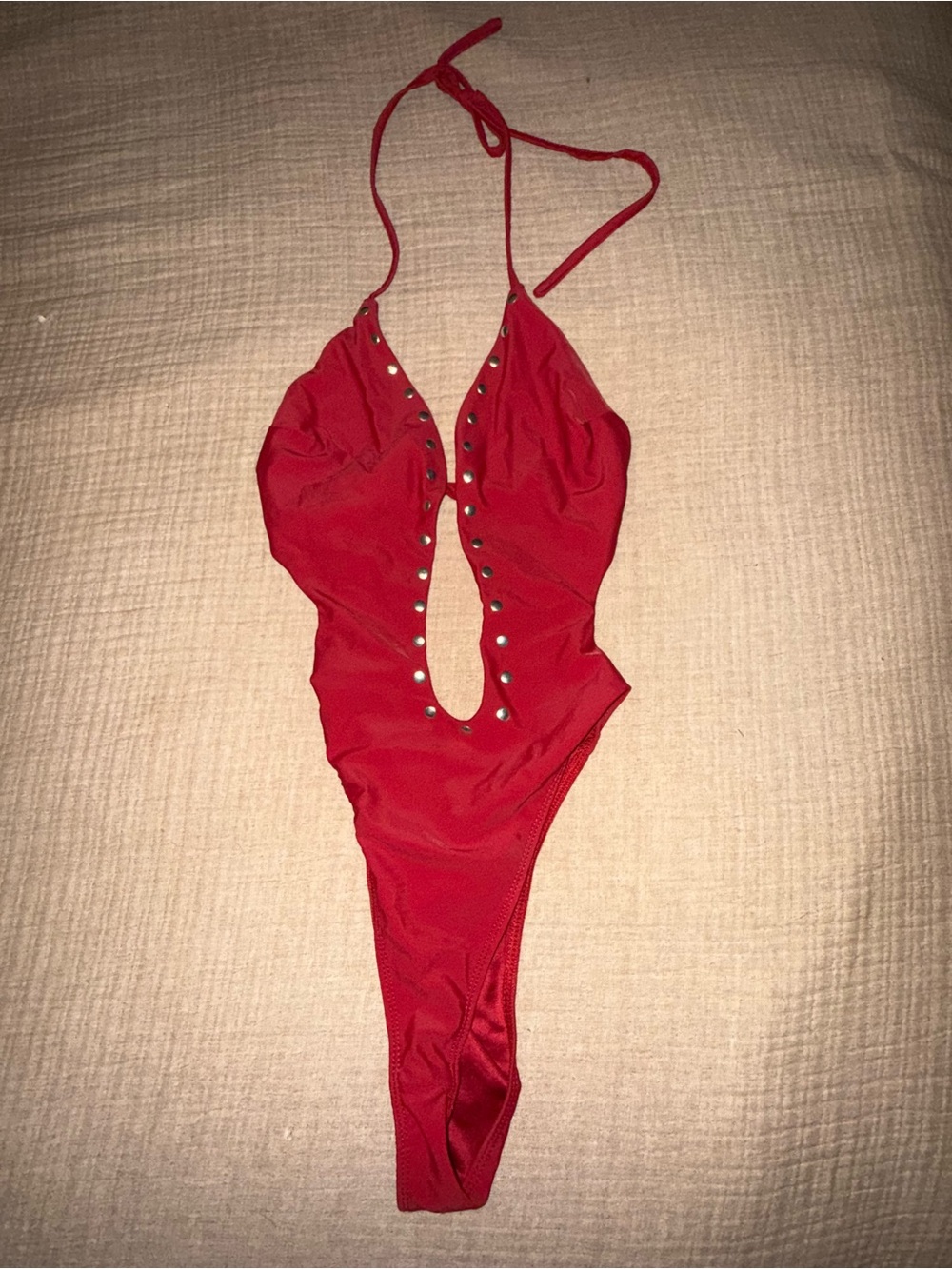 Swim suit -Red Studded Cutout one Piece Swimsuit